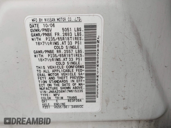 2007 Nissan Murano S with VIN JN8AZ08W17W615235, listed as a IAAI auction lot 41539442 with 200,342 mi miles and . Bid and sale history available at DreamBid. Image 9.