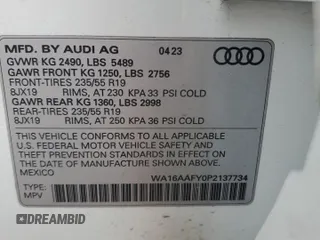 2023 Audi Q5 Sportback S line Prestige with VIN WA16AAFY0P2137734, listed as a Copart auction lot 58766465 with 17,527 mi miles and Salvage title. Bid and sale history available at DreamBid. Image 12.