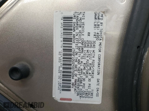 2000 Lexus RX 300 with VIN JT6GF10U2Y0070284, listed as a Copart auction lot 45572985 with 239,400 mi miles and Salvage Title. Bid and sale history available at DreamBid. Image 14.