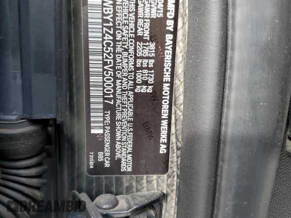 2015 BMW i3 with VIN WBY1Z4C52FV500017, listed as a Copart auction lot 60081473 with 0 mi miles. Bid and sale history available at carsss.com. Image 14.