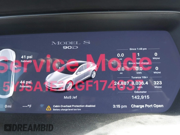 2016 Tesla Model S 90D with VIN 5YJSA1E22GF174637, listed as a IAAI auction lot 42234083 with 142,915 mi miles and . Bid and sale history available at DreamBid. Image 18.
