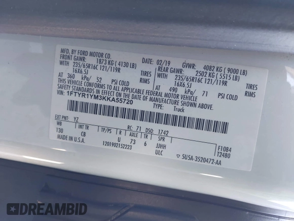 2019 Ford Transit with VIN 1FTYR1YM3KKA55720, listed as a IAAI auction lot 41628868 with 103,044 mi miles and . Bid and sale history available at DreamBid. Image 9.