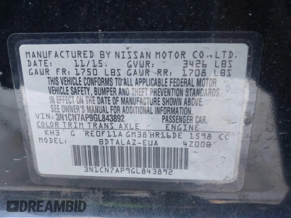 2016 Nissan Versa S z VIN 3N1CN7AP9GL843892, wystawiony jako IAAI lot #41727069 z przebiegiem 130 035 mil mil oraz . Historia ofert i sprzedaży dostępna na DreamBid. Obrazek 9.