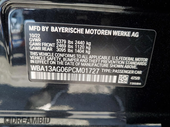 2023 BMW 5 Series 530e with VIN WBA13AG06PCM01727, listed as a Copart auction lot 83666424 with 40,831 mi miles and Salvage title. Bid and sale history available at DreamBid. Image 14.