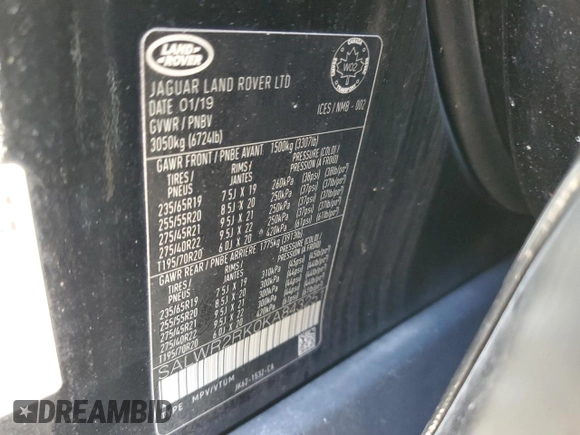 2019 Land Rover Range Rover Sport HSE with VIN SALWR2RK0KA843251, listed as a Copart auction lot 48975475 with 95,048 mi miles and Clean Title. Bid and sale history available at carsss.com. Image 14.