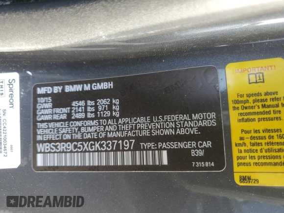 2016 BMW M4 with VIN WBS3R9C5XGK337197, listed as a Copart auction lot 87056764 with 110,398 mi miles and Salvage title. Bid and sale history available at DreamBid. Image 12.