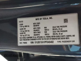 2023 Tesla Model 3 with VIN 5YJ3E1EA1PF545402, listed as a IAAI auction lot 42671354 with 37,948 mi miles and . Bid and sale history available at DreamBid. Image 9.