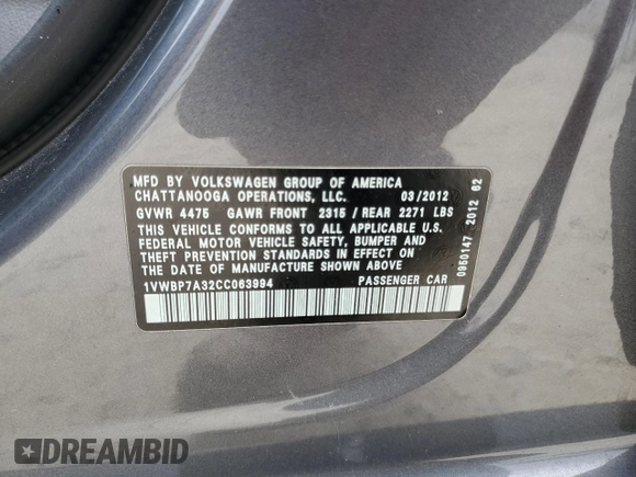 2012 Volkswagen Passat SE z VIN 1VWBP7A32CC063994, wystawiony jako Copart lot #59270995 z przebiegiem 169 999 mil mil oraz Szkoda całkowita • Salvage title. Historia ofert i sprzedaży dostępna na DreamBid. Obrazek 12.
