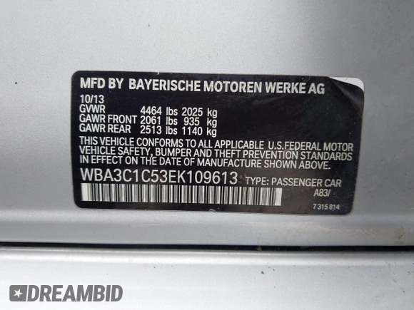2014 BMW 3 Series 328i with VIN WBA3C1C53EK109613, listed as a IAAI auction lot 41713060 with 141,240 mi miles. Bid and sale history available at carsss.com. Image 9.