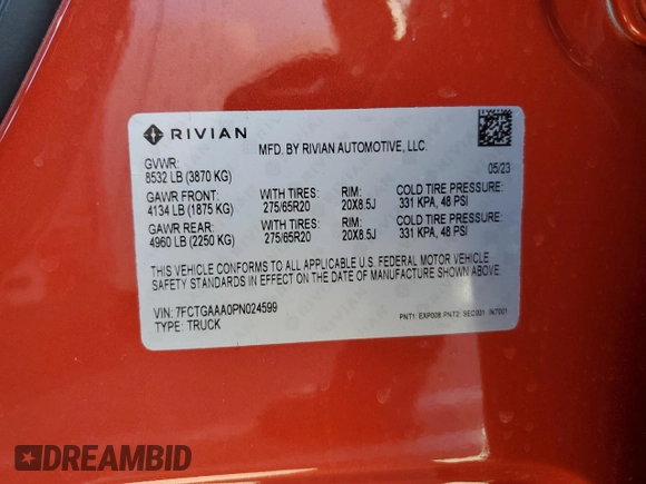 2023 Rivian R1T Adventure z VIN 7FCTGAAA0PN024599, wystawiony jako Copart lot #50269955 z przebiegiem Nie podano mil oraz Szkody całkowita. Historia ofert i sprzedaży dostępna na DreamBid. Obrazek 12.