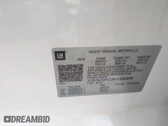 2019 GMC Yukon XL SLT with VIN 1GKS2GKC3KR160900, listed as a IAAI auction lot 41987464 with 88,854 mi miles and . Bid and sale history available at carsss.com. Image 9.