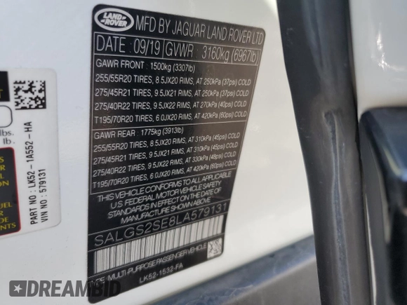2020 Land Rover Range Rover P525 HSE с VIN SALGS2SE8LA579131, выставлен на аукционе Copart как лот 52798005 с пробегом 64 066 миль миль и Списание • Salvage title. История ставок и продаж доступна на DreamBid. Изображение 13.