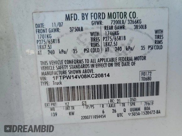 2008 Ford F-150 XLT z VIN 1FTPW14V08KC20814, wystawiony jako Copart lot #48609435 z przebiegiem 141 000 mil mil oraz Szkoda całkowita • Salvage title. Historia ofert i sprzedaży dostępna na DreamBid. Obrazek 15.