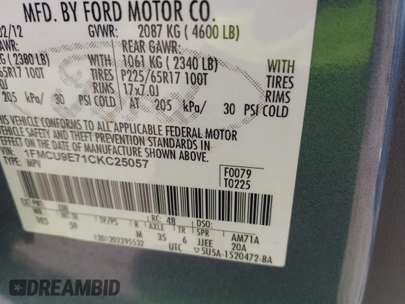 2012 Ford Escape Limited with VIN 1FMCU9E71CKC25057, listed as a IAAI auction lot 42590431 with 179,908 mi miles and . Bid and sale history available at DreamBid. Image 9.
