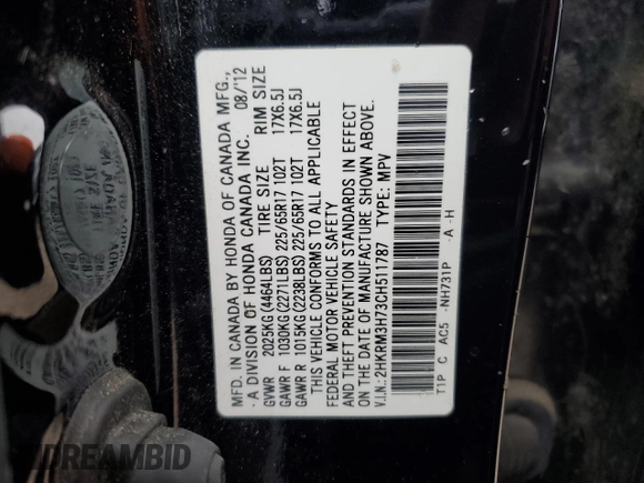 2012 Honda CR-V EX-L with VIN 2HKRM3H73CH511787, listed as a Copart auction lot 45417255 with 101,329 mi miles and Salvage Title. Bid and sale history available at carsss.com. Image 13.