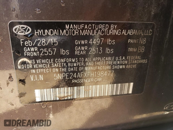 2015 Hyundai Sonata SE with VIN 5NPE24AFXFH198477, listed as a Copart auction lot 48523965 with 84,700 mi miles and Salvage Title. Bid and sale history available at DreamBid. Image 13.