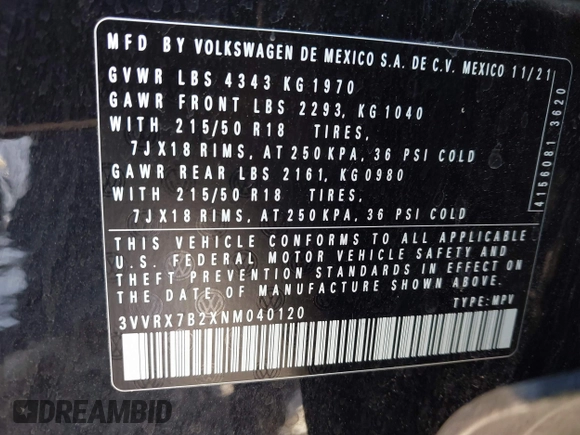 2022 Volkswagen Taos SE z VIN 3VVRX7B2XNM040120, wystawiony jako IAAI lot #41858923 z przebiegiem 35 341 mil mil oraz . Historia ofert i sprzedaży dostępna na DreamBid. Obrazek 9.