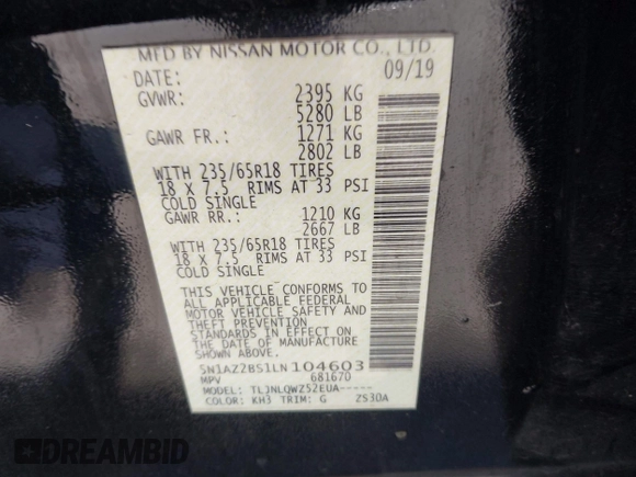 2020 Nissan Murano SV with VIN 5N1AZ2BS1LN104603, listed as a IAAI auction lot 42184170 with 79,916 mi miles and . Bid and sale history available at DreamBid. Image 9.