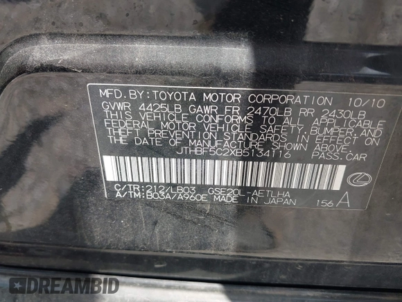 2011 Lexus IS 250 z VIN JTHBF5C2XB5134116, wystawiony jako IAAI lot #42584836 z przebiegiem 133 998 mil mil oraz . Historia ofert i sprzedaży dostępna na DreamBid. Obrazek 9.