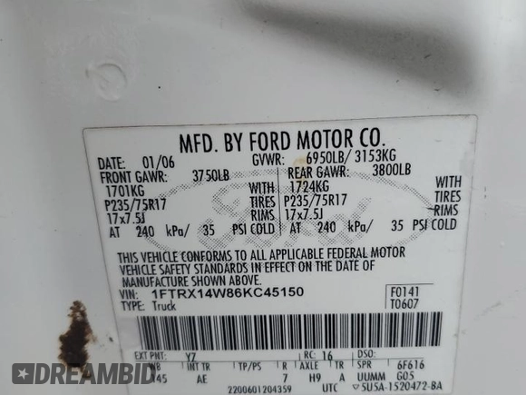 2006 Ford F-150 STX with VIN 1FTRX14W86KC45150, listed as a Copart auction lot 70202854 with 0 mi miles and Salvage Title. Bid and sale history available at carsss.com. Image 12.