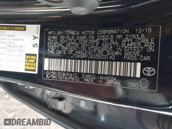 2016 Toyota Prius Two with VIN JTDKBRFUXG3503142, listed as a IAAI auction lot 42027700 with 185,319 mi miles. Bid and sale history available at carsss.com. Image 9.