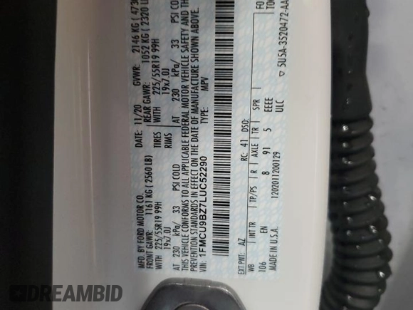 2020 Ford Escape SE Sport Hybrid with VIN 1FMCU9BZ7LUC52290, listed as a Copart auction lot 57080835 with 44,849 mi miles and Salvage title. Bid and sale history available at DreamBid. Image 13.