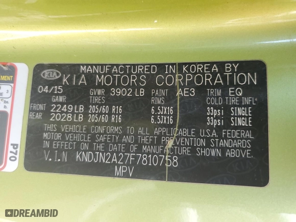 2015 Kia Soul with VIN KNDJN2A27F7810758, listed as a Copart auction lot 54164865 with 132,355 mi miles and Clean Title. Bid and sale history available at carsss.com. Image 12.