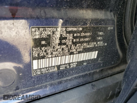 2019 Toyota RAV4 XLE with VIN JTMW1RFV1KD512263, listed as a Copart auction lot 50361875 with 49,028 mi miles and Salvage Title. Bid and sale history available at carsss.com. Image 14.