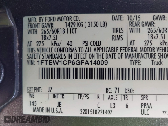 2016 Ford F-150 XL with VIN 1FTEW1CP6GFA14009, listed as a IAAI auction lot 42194216 with 119,523 mi miles and . Bid and sale history available at carsss.com. Image 9.