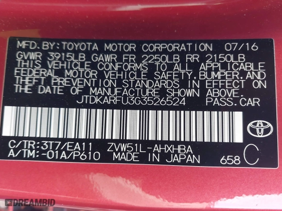 2016 Toyota Prius Four with VIN JTDKARFU3G3526524, listed as a IAAI auction lot 41798589 with 115,956 mi miles. Bid and sale history available at carsss.com. Image 9.