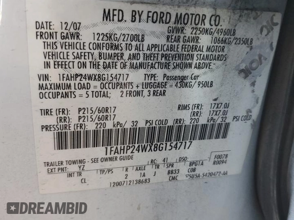 2008 Ford Taurus SEL with VIN 1FAHP24WX8G154717, listed as a Copart auction lot 71194794 with 217,119 mi miles and Salvage Title. Bid and sale history available at carsss.com. Image 12.