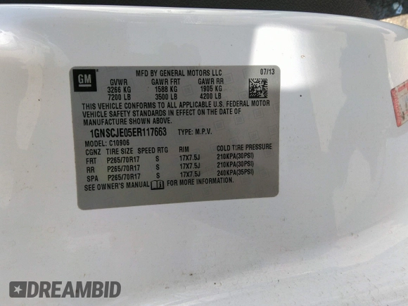 2014 Chevrolet Suburban LT with VIN 1GNSCJE05ER117663, listed as a IAAI auction lot 41992835 with 208,754 mi miles. Bid and sale history available at carsss.com. Image 9.
