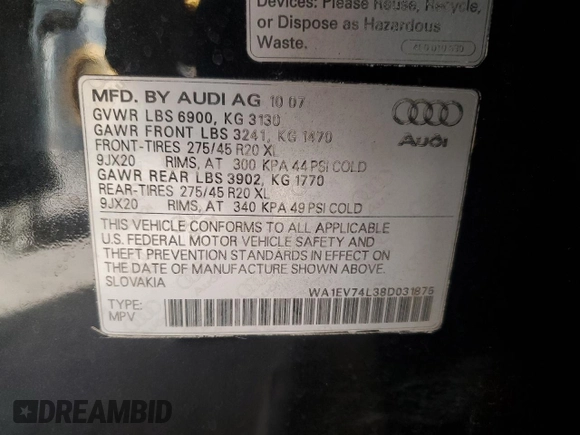 2008 Audi Q7 4.2L Premium with VIN WA1EV74L38D031875, listed as a Copart auction lot 79297884 with 158,330 mi miles and Salvage Title. Bid and sale history available at carsss.com. Image 12.