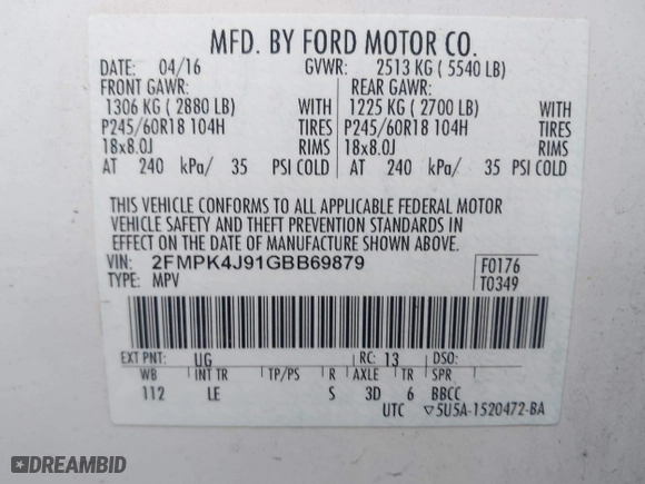 2016 Ford Edge SEL with VIN 2FMPK4J91GBB69879, listed as a IAAI auction lot 41731797 with 79,073 mi miles. Bid and sale history available at carsss.com. Image 9.