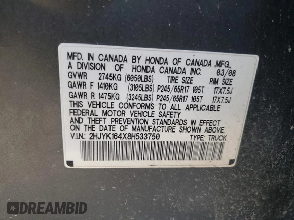 2008 Honda Ridgeline RTS z VIN 2HJYK164X8H533750, wystawiony jako Copart lot #47401575 z przebiegiem 213 985 mil mil oraz Szkoda całkowita • Salvage title. Historia ofert i sprzedaży dostępna na DreamBid. Obrazek 12.