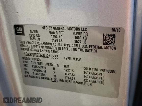 2011 GMC Acadia SLT1 with VIN 1GKKVRED8BJ215833, listed as a Copart auction lot 49011885 with 127,932 mi miles and Salvage Title. Bid and sale history available at DreamBid. Image 14.