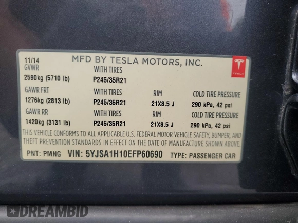 2014 Tesla Model S 60 with VIN 5YJSA1H10EFP60690, listed as a Copart auction lot 62515065 with 57,864 mi miles and Clean title. Bid and sale history available at DreamBid. Image 13.