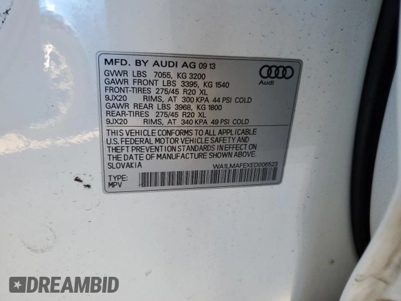 2014 Audi Q7 Premium Plus with VIN WA1LMAFEXED006523, listed as a Copart auction lot 42935455 with 147,272 mi miles and Salvage title. Bid and sale history available at DreamBid. Image 14.