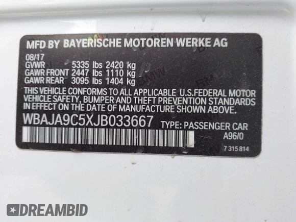 2018 BMW 5 Series 530e with VIN WBAJA9C5XJB033667, listed as a IAAI auction lot 42107936 with 55,753 mi miles and . Bid and sale history available at DreamBid. Image 9.