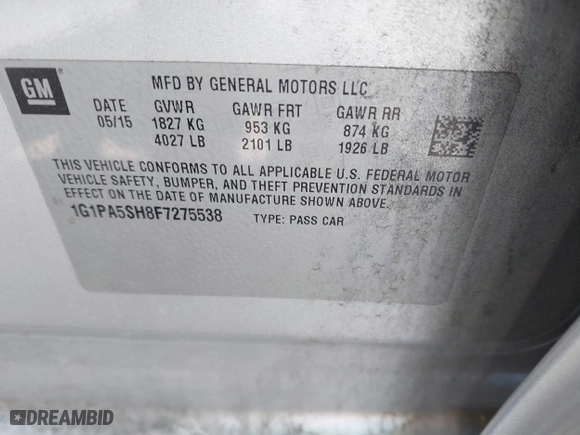 2015 Chevrolet Cruze LS with VIN 1G1PA5SH8F7275538, listed as a IAAI auction lot 42048660 with 132,977 mi miles. Bid and sale history available at carsss.com. Image 9.