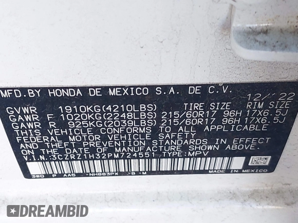 2023 Honda HR-V LX with VIN 3CZRZ1H32PM724551, listed as a IAAI auction lot 41815617 with 25,300 mi miles and . Bid and sale history available at DreamBid. Image 9.