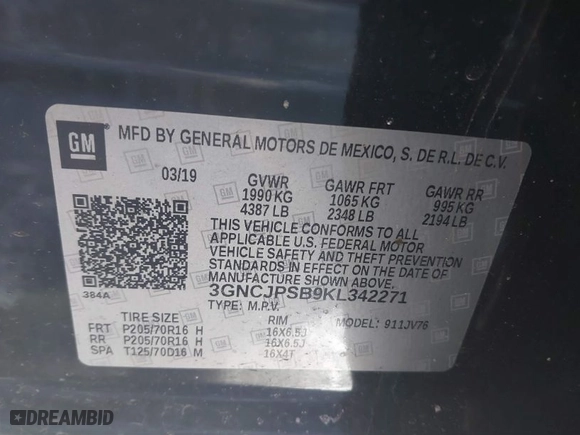 2019 Chevrolet Trax LT with VIN 3GNCJPSB9KL342271, listed as a IAAI auction lot 41606477 with 61,024 mi miles. Bid and sale history available at carsss.com. Image 9.