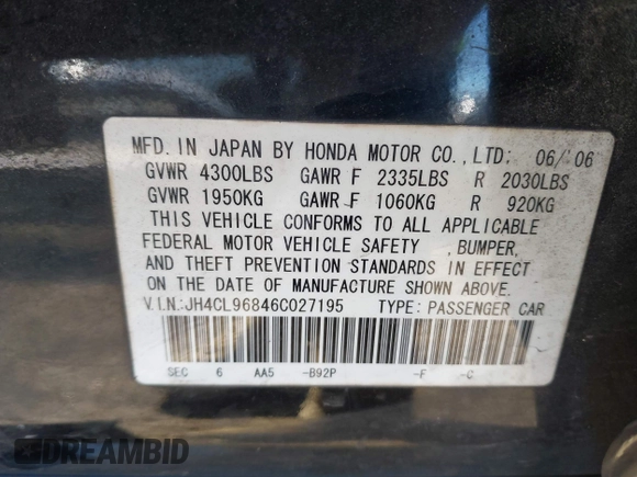 2006 Acura TSX with VIN JH4CL96846C027195, listed as a IAAI auction lot 41834535 with 260,706 mi miles. Bid and sale history available at carsss.com. Image 9.