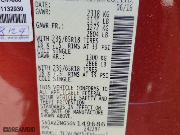 2016 Nissan Murano S with VIN 5N1AZ2MG5GN149686, listed as a Copart auction lot 48417895 with 112,144 mi miles and Salvage Title. Bid and sale history available at carsss.com. Image 14.