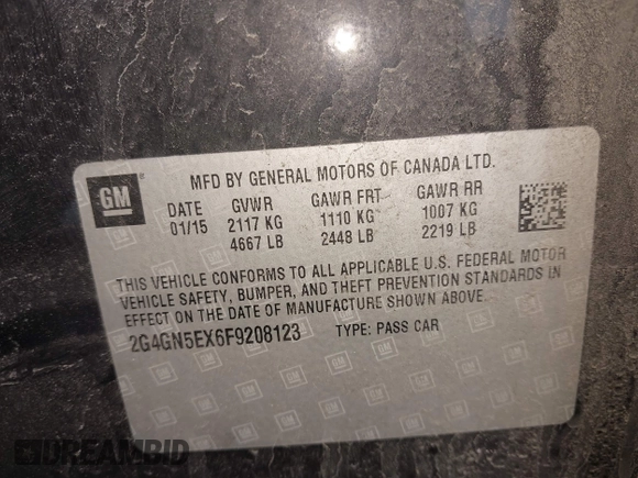 2015 Buick Regal Premium I with VIN 2G4GN5EX6F9208123, listed as a IAAI auction lot 42082556 with 168,725 mi miles. Bid and sale history available at carsss.com. Image 9.