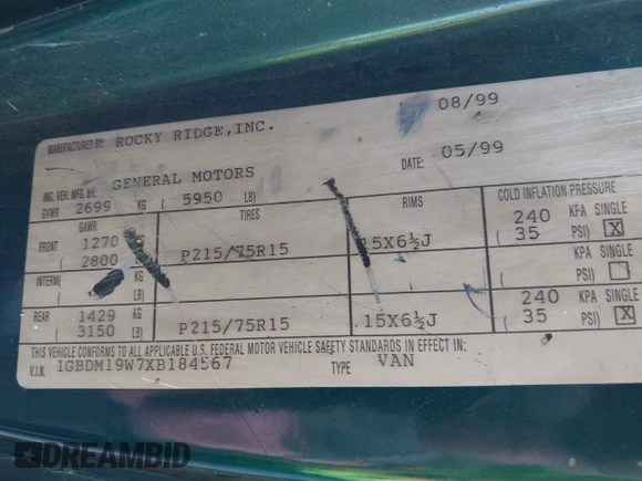 1999 Chevrolet Astro Cargo YF7 z VIN 1GBDM19W7XB184567, wystawiony jako IAAI lot #42422713 z przebiegiem 235 859 mil mil oraz . Historia ofert i sprzedaży dostępna na DreamBid. Obrazek 9.