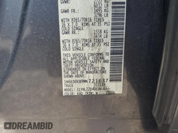 2021 Nissan Frontier SV with VIN 1N6ED0EB9MN721637, listed as a Copart auction lot 54004195 with 50,180 mi miles and Salvage title. Bid and sale history available at DreamBid. Image 12.