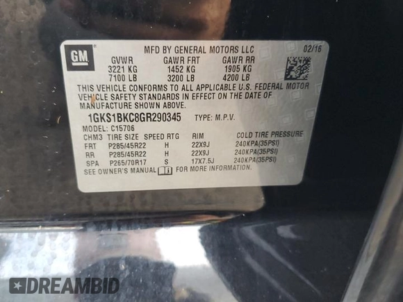 2016 GMC Yukon SLT with VIN 1GKS1BKC8GR290345, listed as a Copart auction lot 75019584 with Not Provided miles and Non Repairable. Bid and sale history available at DreamBid. Image 13.