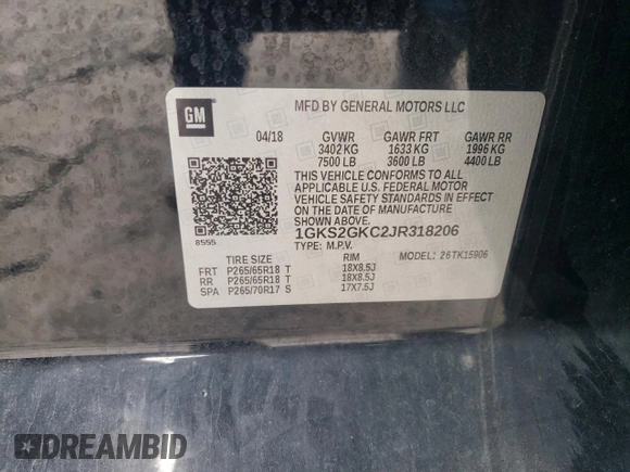 2018 GMC Yukon XL SLT with VIN 1GKS2GKC2JR318206, listed as a Copart auction lot 47023075 with 0 mi miles and Salvage Title. Bid and sale history available at carsss.com. Image 14.
