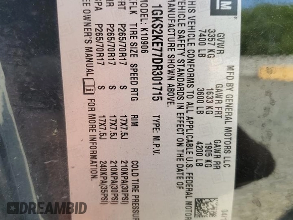2013 GMC Yukon XL SLT z VIN 1GKS2KE77DR301715, wystawiony jako Copart lot #51524415 z przebiegiem 168 247 mil mil oraz Szkoda całkowita • Salvage title. Historia ofert i sprzedaży dostępna na DreamBid. Obrazek 13.